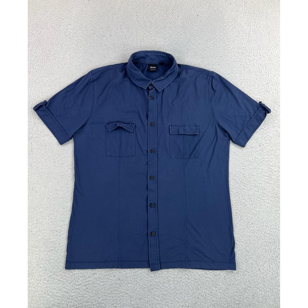 Boss Shirt Mens Large Blue Jersey Short Sleeve Button Up Regular Fit Casual